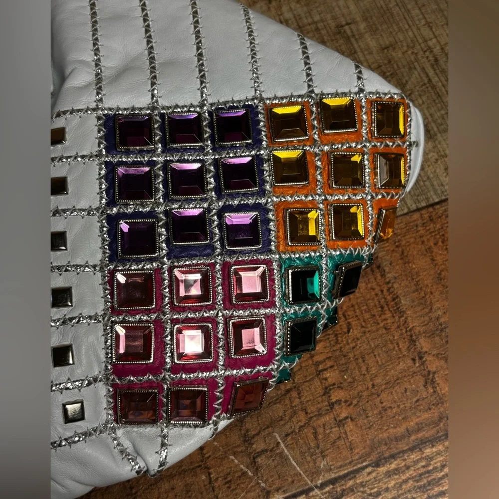 VTG Jeweled White Leather USA Purse 80s 90s Retro Colorful Bling Shoulder Bag - Picture 4 of 12
